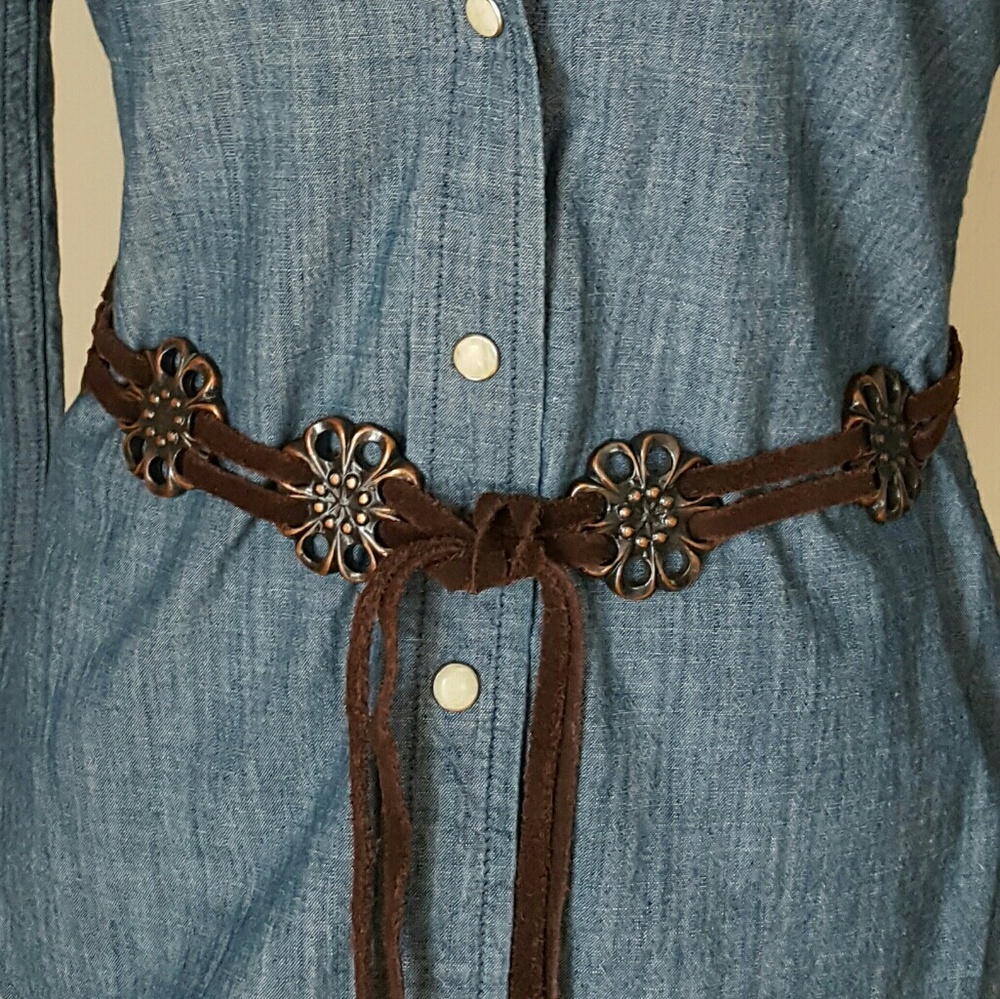 Brown suede hippie floral hip tie belt